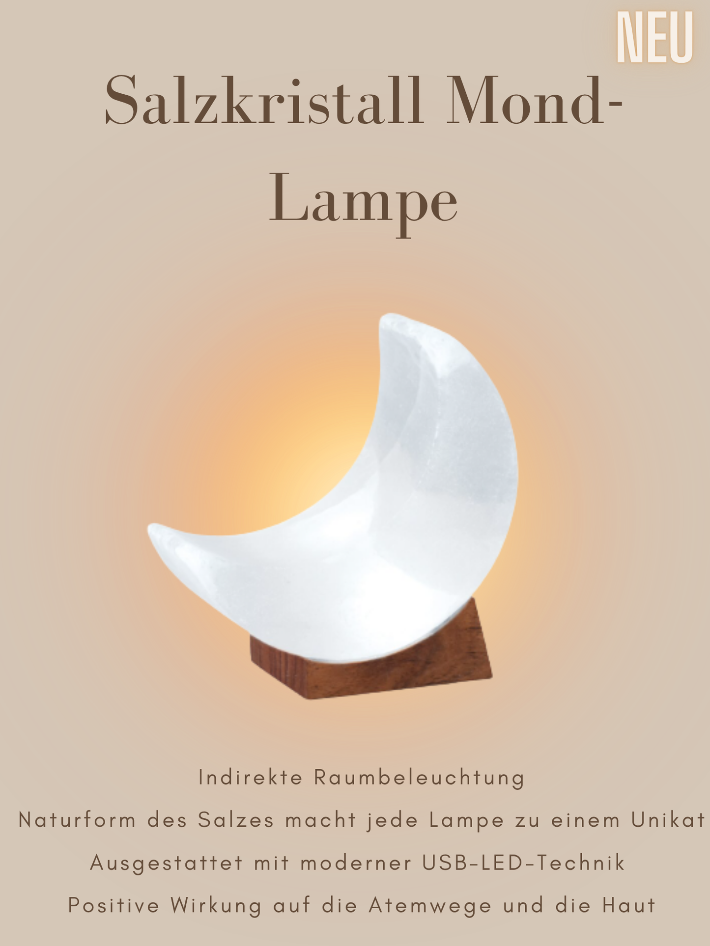 Salzkristall Mondlampe mit Holzsockel