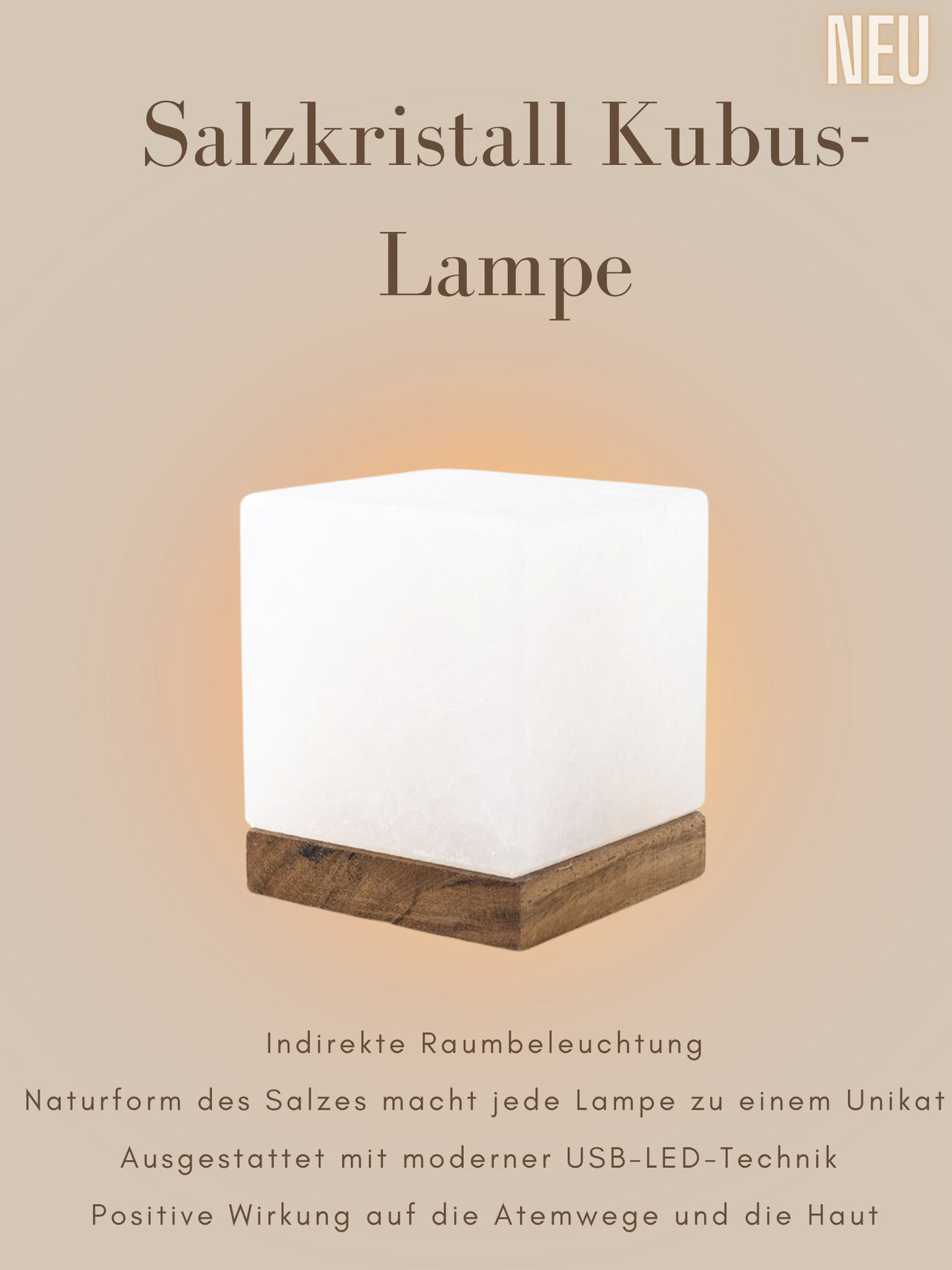 Salzkristall Kubuslampe mit Holzsockel