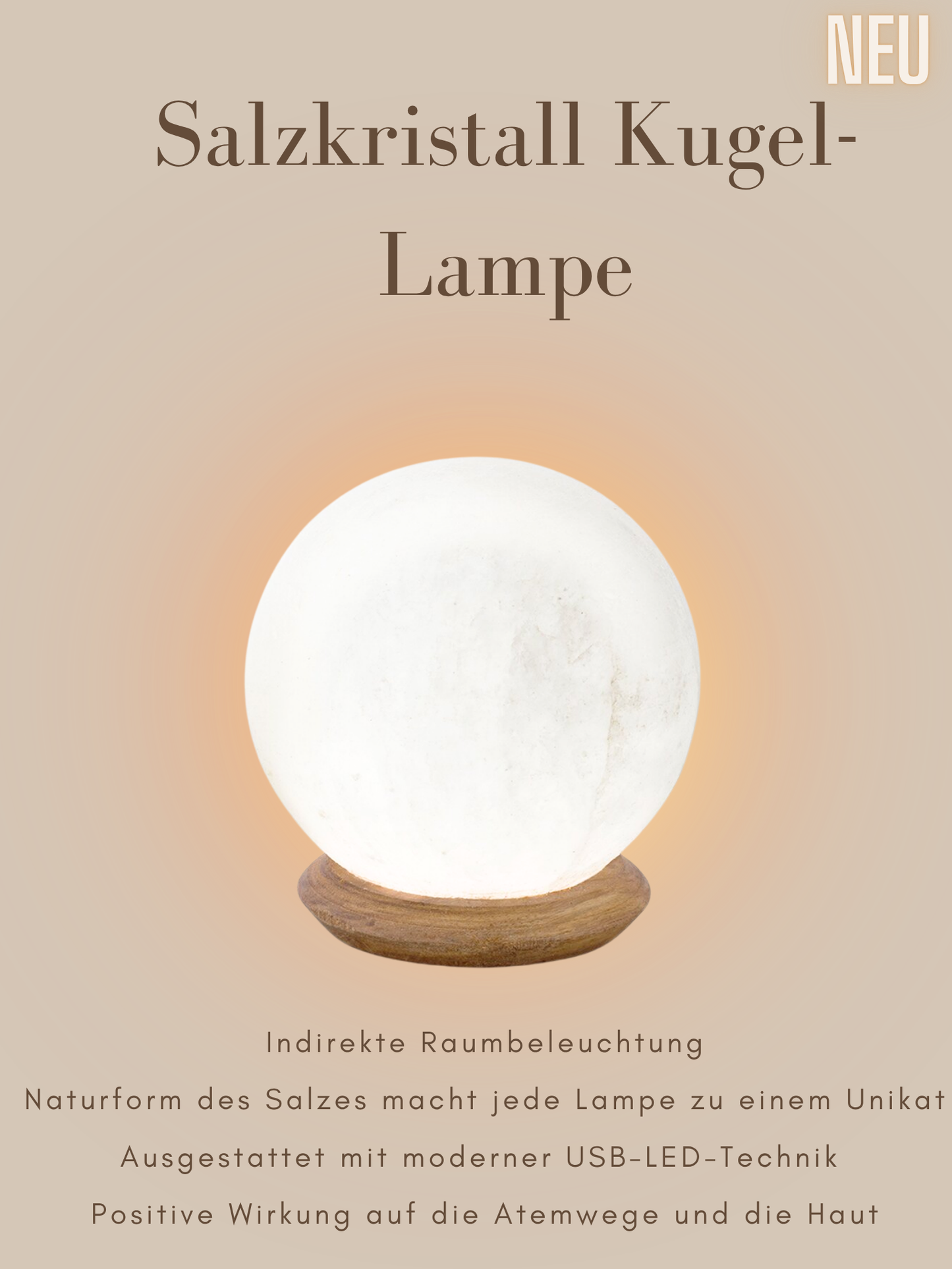 Salzkristall Kugellampe mit Holzsockel