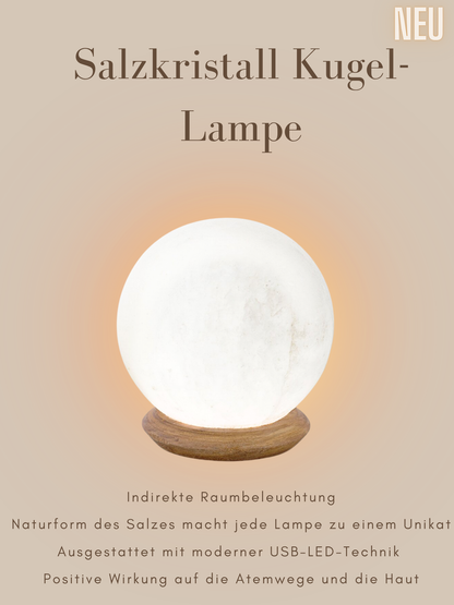 Salzkristall Kugellampe mit Holzsockel