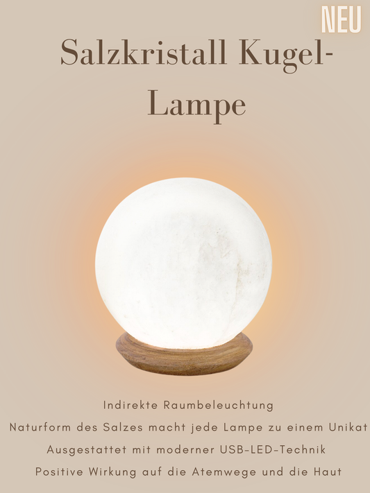 Salzkristall Kugellampe mit Holzsockel