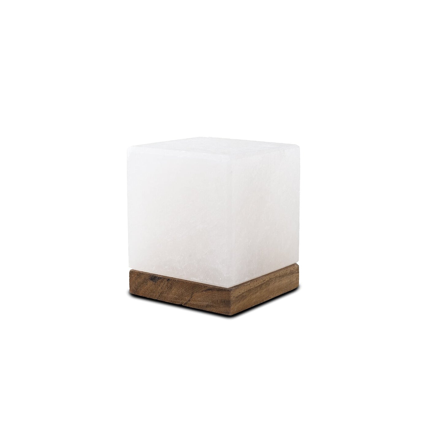 Salzkristall Kubuslampe mit Holzsockel