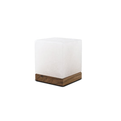 Salzkristall Kubuslampe mit Holzsockel